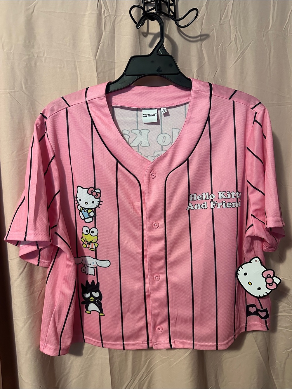Hello Kitty Pink Button-Front Kids Baseball Shirt with Stripe Details